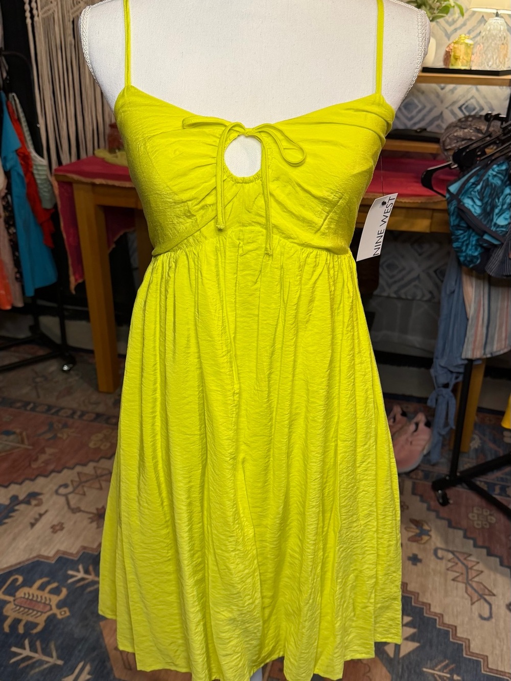 Nine West Neon Yellow Tie-Front Spaghetti Strap Mini Dress